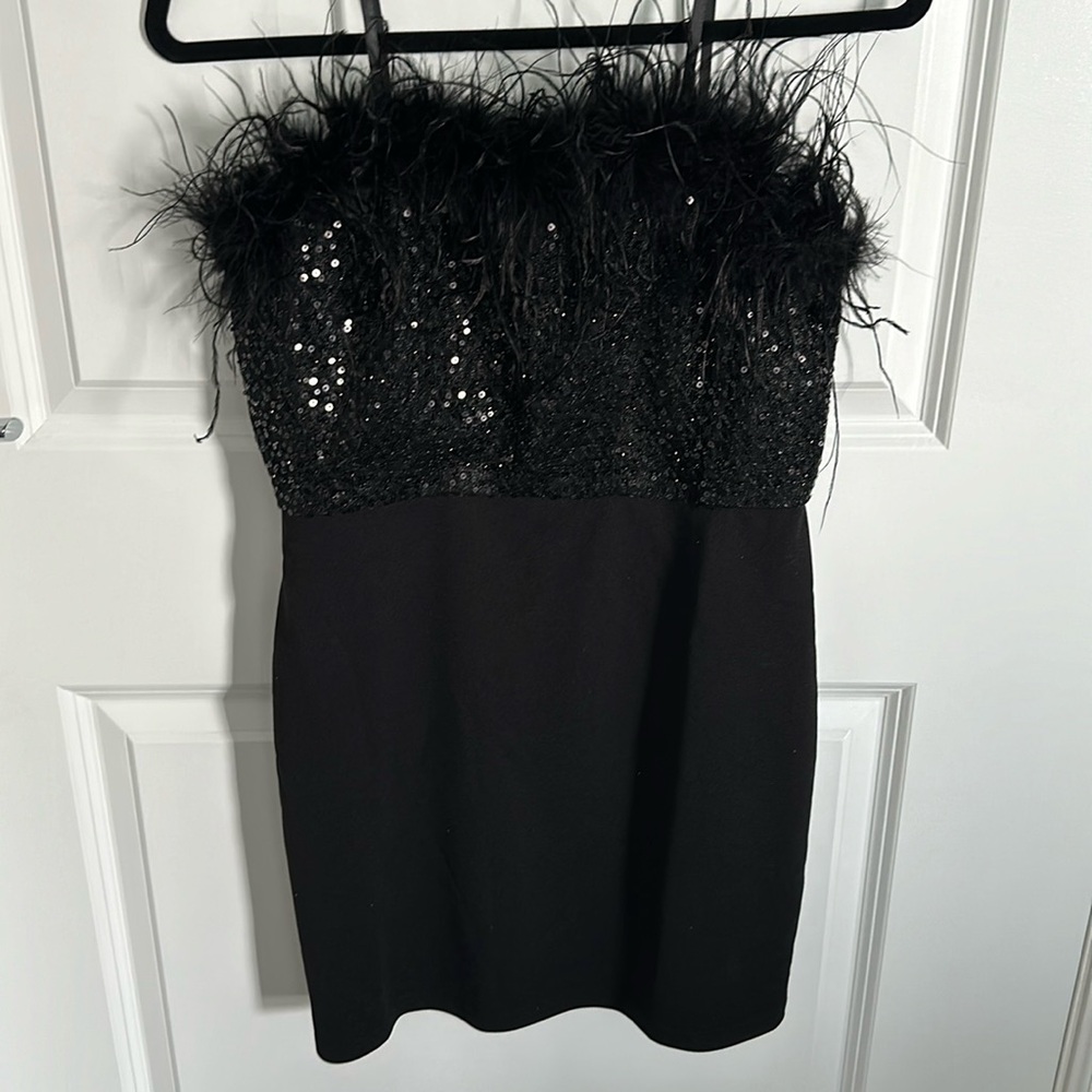 Strapless feather/sequin dress